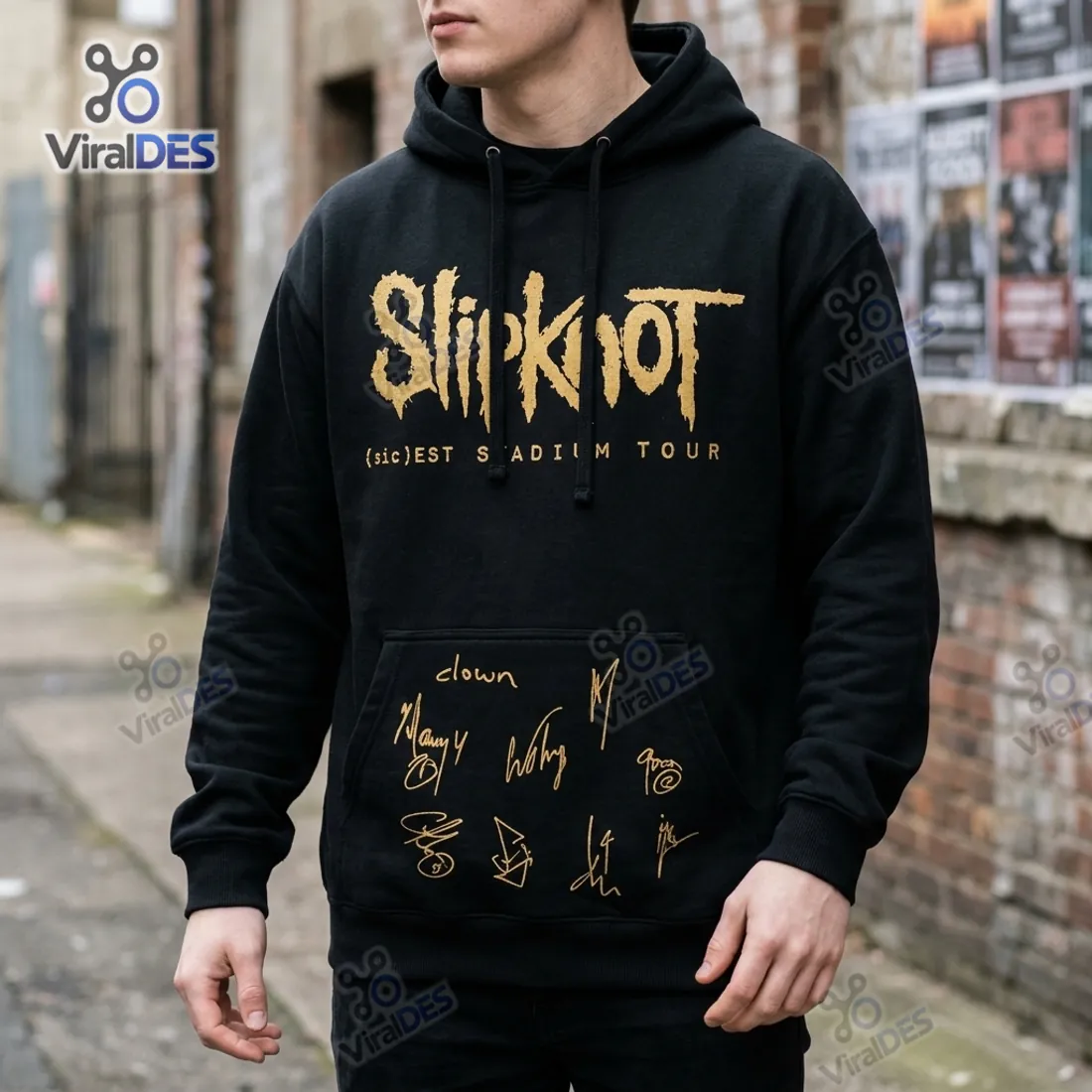 Slipknot Sicest Stadium Tour Black Hoodie front view showing distressed gold chest logo and nine member autographs on the kangaroo pocket