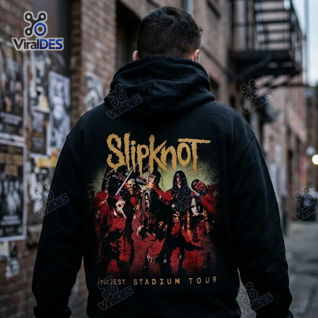 Back view of the Slipknot Sicest Stadium Tour Black Hoodie featuring the nine masked members in red jumpsuits