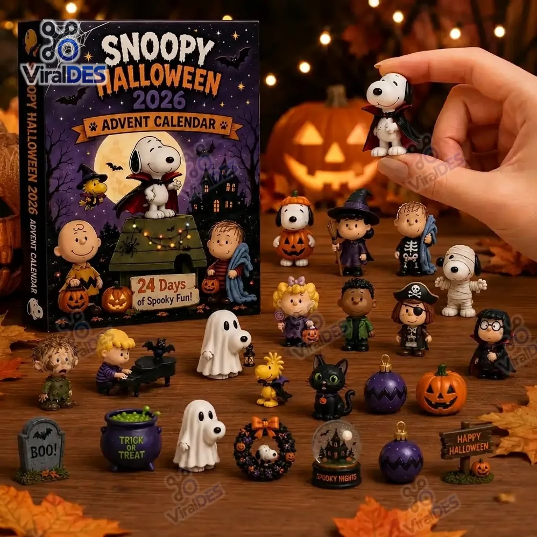 Snoopy Peanuts Halloween 2026 Advent Calendar 3D figurines with Vampire Snoopy, Skeleton Linus, and spooky village props