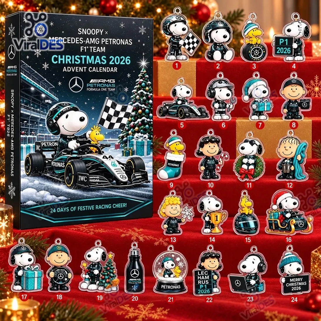 Snoopy x Mercedes AMG Petronas Christmas 2026 Advent Calendar complete 24-piece lineup of flat acrylic Peanuts F1 racing ornaments