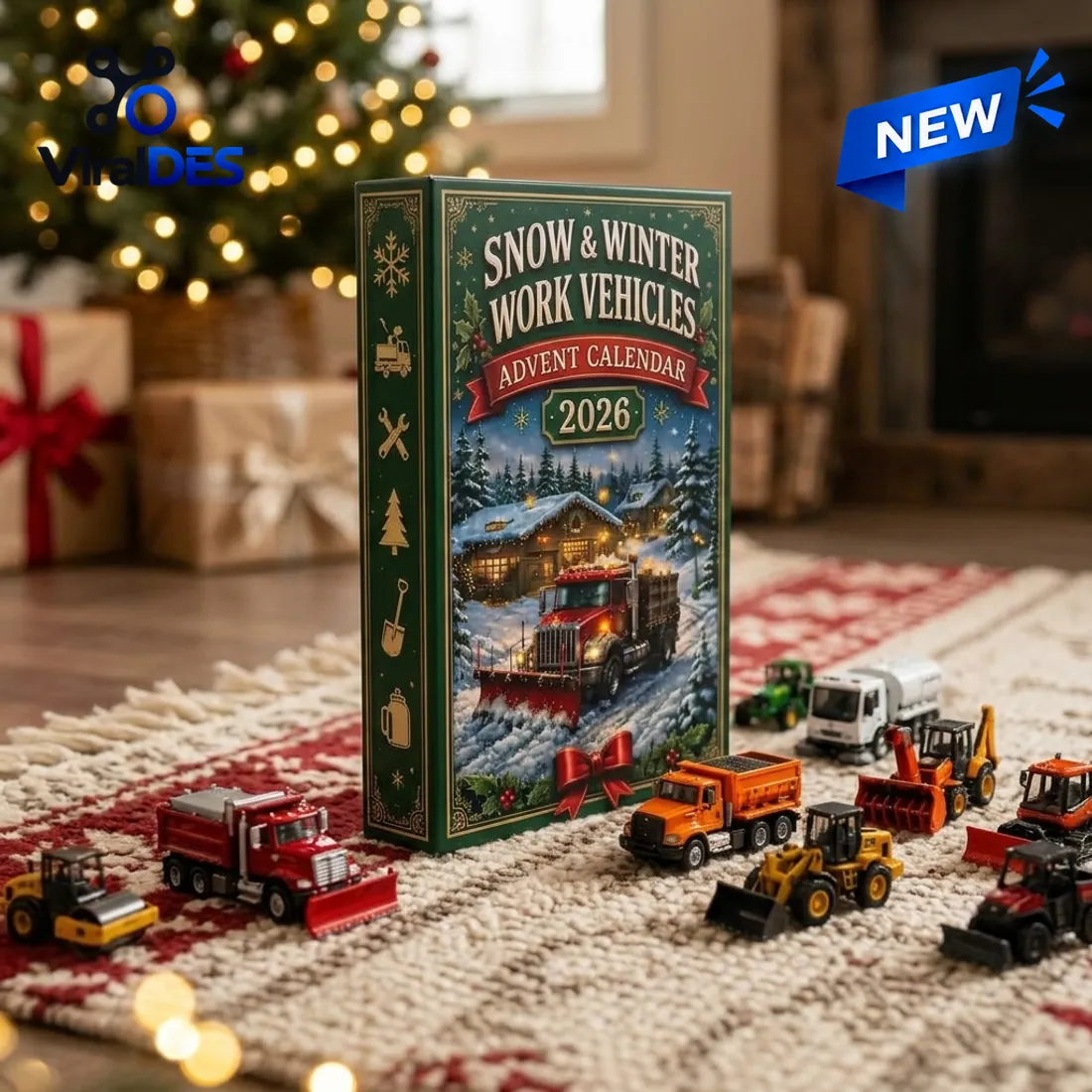 Snow & Winter Work Vehicles Advent Calendar 2026 collector box on a woven rug surrounded by miniature snowplow trucks, wheel loader, rotary snow blower, and tanker