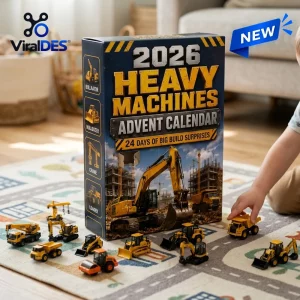 Front view of a construction vehicles advent calendar with toy trucks and machinery on a play mat.