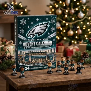 Front view of Philadelphia Eagles advent calendar with mini player figures on a wooden table.