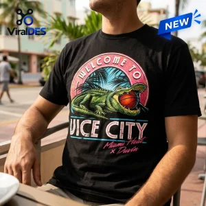 Front view of a black Grand Theft Auto VI x Miami Heat shirt featuring an alligator graphic and Vice City text.