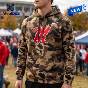 Front view of the Ole Miss Rebels 2026 Military Appreciation Camo Hoodie worn outdoors.