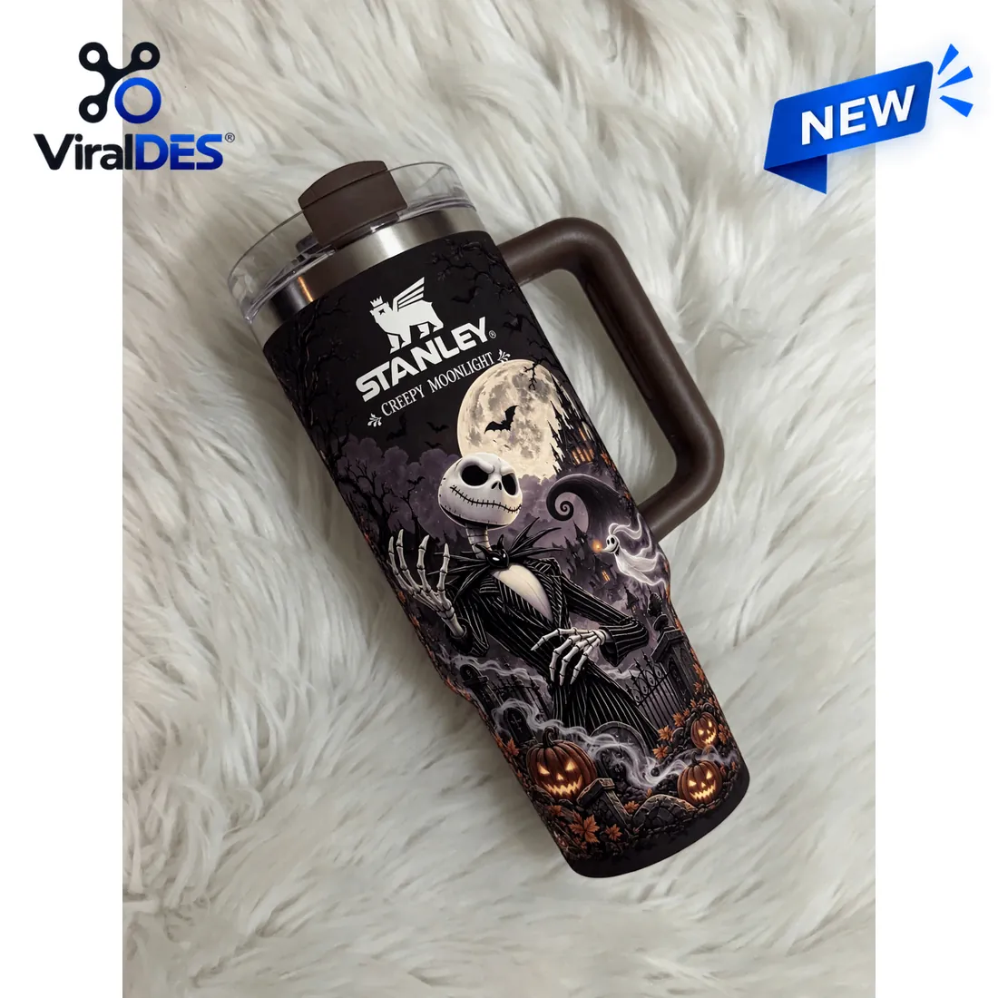 Overhead angle of the Stanley Nightmare Before Christmas 40oz Tumbler displaying the clear lid with brown flip closure and Jack Skellington graphic