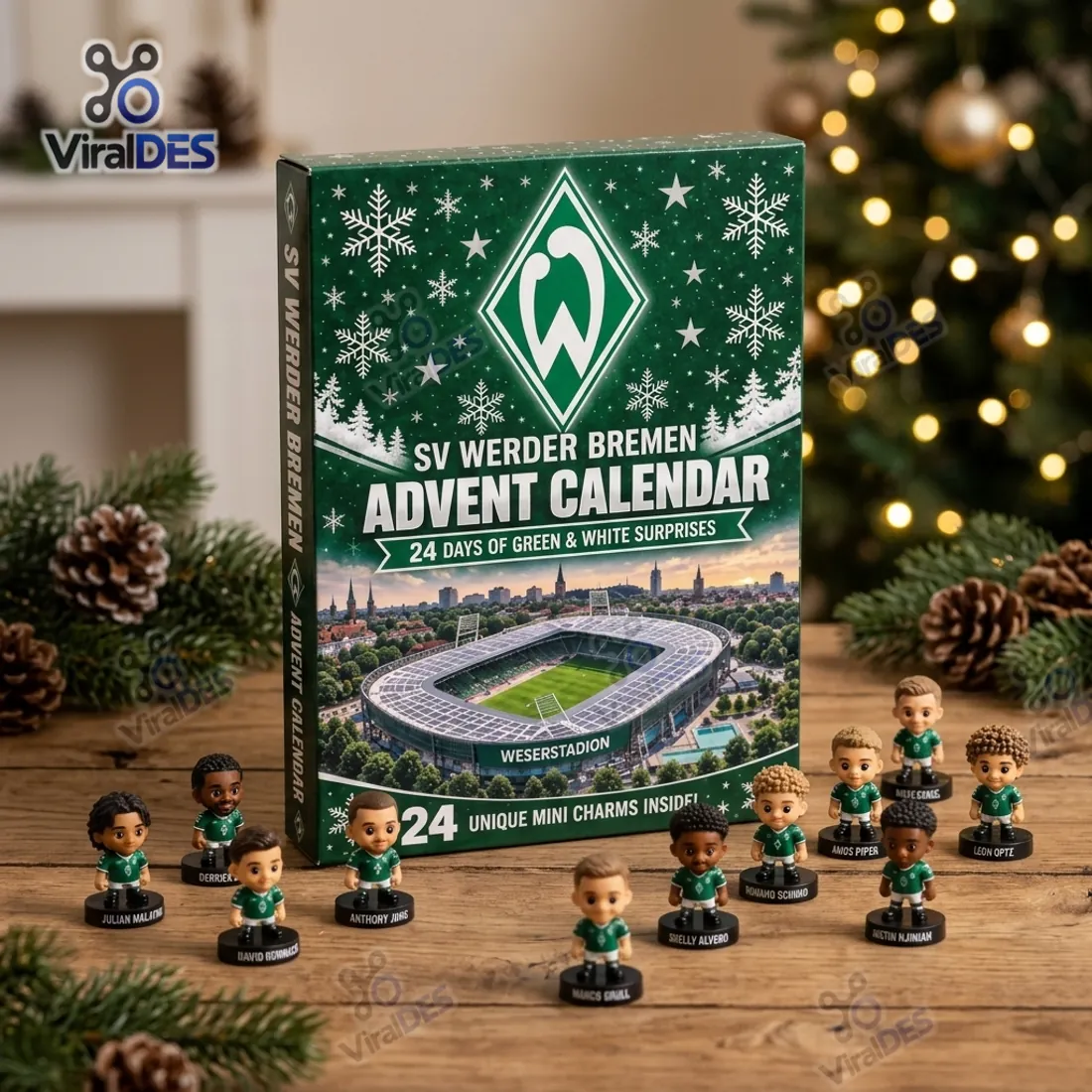 SV Werder Bremen 2026 Advent Calendar collector box standing on a wooden tabletop surrounded by freestanding 3D player figurines