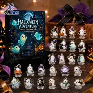 Front view of the Halloween 2026 Ghost Advent Calendar box with acrylic charms displayed.
