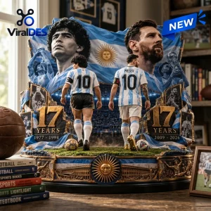 Front view of Argentina National Football Team Maradona x Messi Figurine featuring players from behind with national flags.