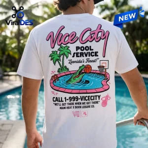 Back view of Grand Theft Auto VI x Miami Heat White Shirt featuring pool graphic with alligator and palm trees.