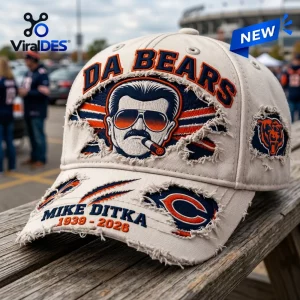 Front view of Chicago Bears Mike Ditka distressed baseball cap with embroidered graphics.