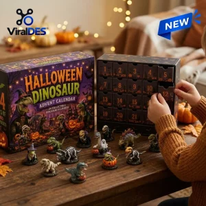 Child opening a drawer on the Halloween Dinosaur Advent Calendar with multiple miniature dinosaur figurines arranged on a wooden table.