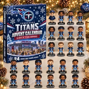 Front view of Tennessee Titans 2026 Advent Calendar box alongside twenty-four miniature football figurines.