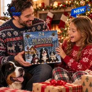 Father and daughter opening a Bernese Mountain Dog Christmas Advent Calendar 2026 near a tree.