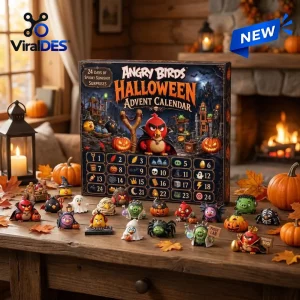 Front view of Angry Birds Halloween Advent Calendar 2026 box surrounded by toy figures and pumpkins.