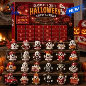 Front view of Kansas City Chiefs Halloween Advent Calendar with 24 figurines.