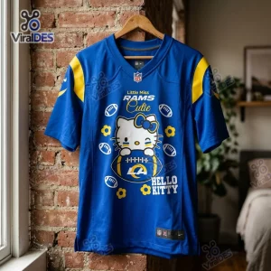 Front view of a blue football jersey with character graphics and text.