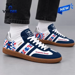 Side view of Grateful Dead Dancing Bears Adidas Samba Shoes worn with black jeans.