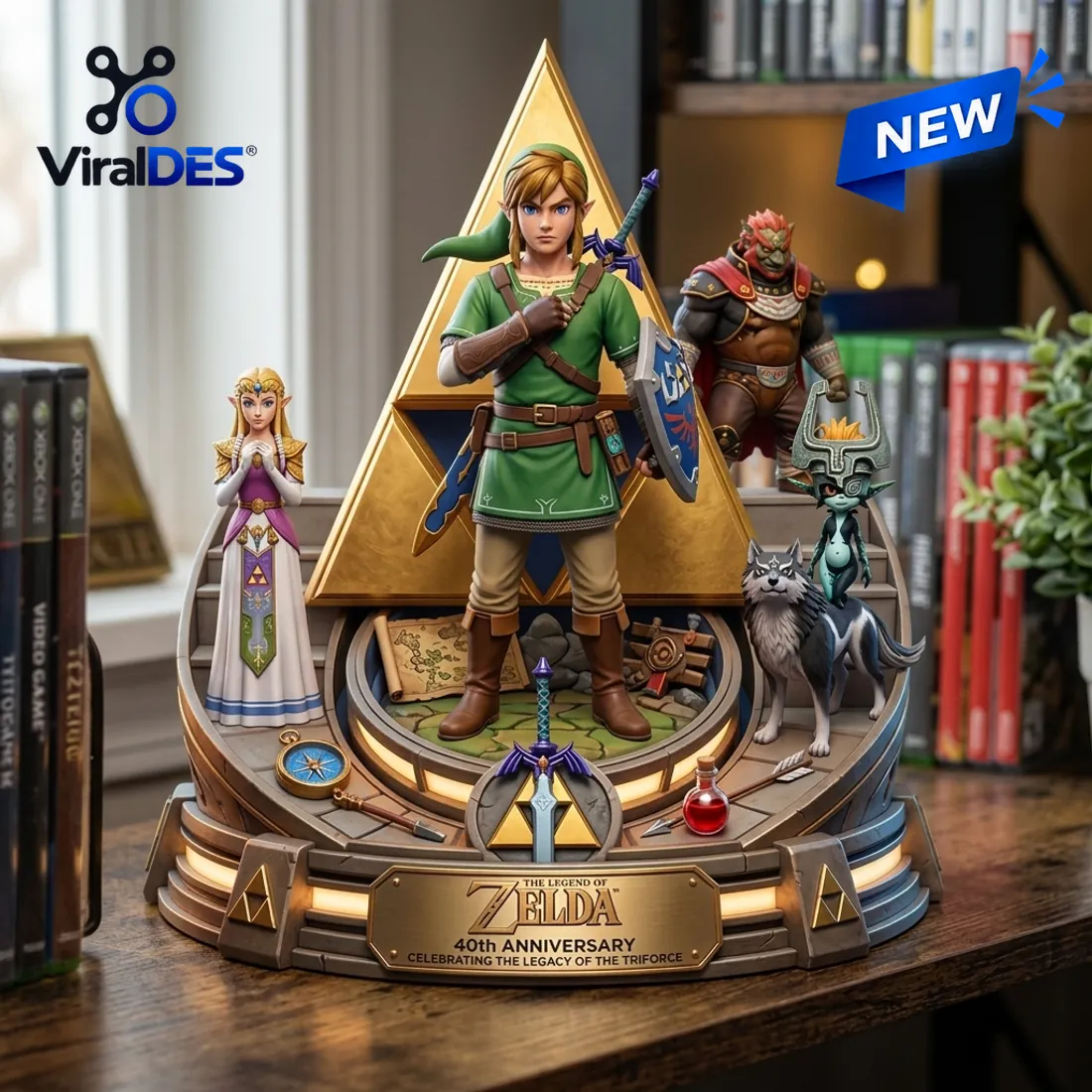 Front studio close-up of The Legend of Zelda 40th Anniversary Diorama Figure highlighting the warm amber base lighting and brass nameplate