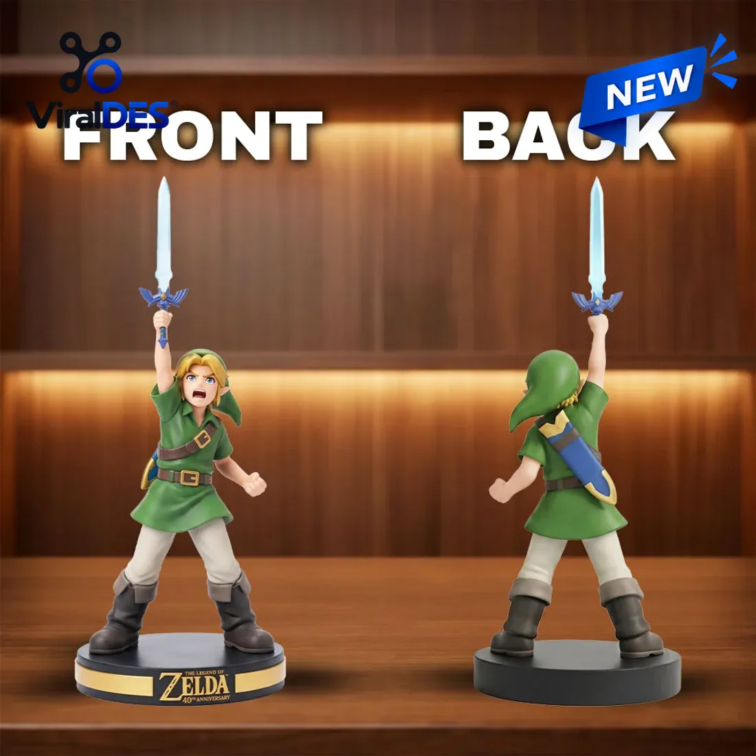 Front and back studio view of The Legend of Zelda 40th Anniversary Link Vinyl Figure showing the raised Master Sword and diagonal rear scabbard