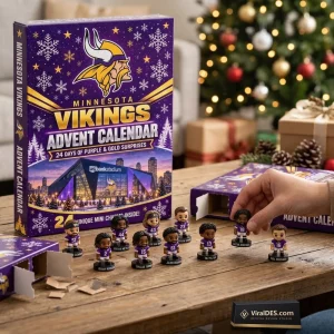 Front view of the Minnesota Vikings 2026 Advent Calendar box alongside miniature football player figurines.