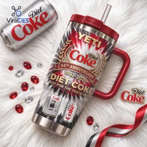 Front view of YETI Diet Coke 44th Anniversary Handle Tumbler with red and black tie-dye pattern.