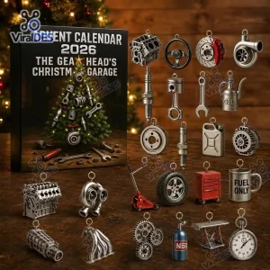 Front view of the Gearhead Christmas Garage Advent Calendar 2026 with assorted miniature automotive tool ornaments.