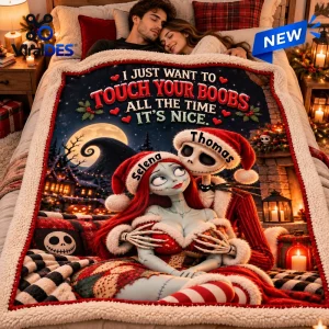 Front view of Horror Couple Personalized Christmas Sherpa Blanket with skeleton characters.