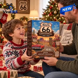 A boy and man holding the Route 66 100th Anniversary 2026 Advent Calendar in a holiday setting.