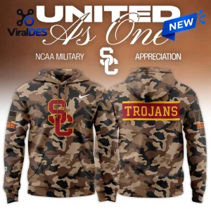 Front and back view of the USC Trojans Military Appreciation Camo Hoodie in brown camouflage pattern.