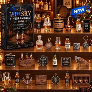 Front view of the Whisky 2026 Collector Edition Advent Calendar with miniature bottles and tasting accessories displayed on wooden shelves.