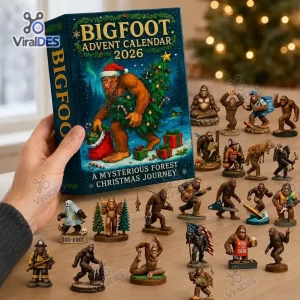 Hand holding a blue Bigfoot 2026 Advent Calendar box alongside various Bigfoot figurines.