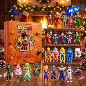 Front view of Dragon Ball 40th Anniversary Advent Calendar 2026 with orange box and anime character figurines.