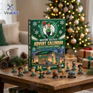 Front view of the Boston Celtics 2026 Advent Calendar box displayed with figurine toys on a wooden table.