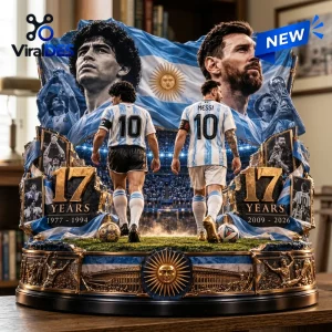 Front view of Argentina National Football Team Maradona x Messi figurine with stadium base.