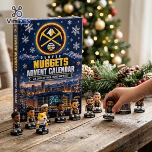 Front view of Denver Nuggets Basketball Advent Calendar with mini figurines displayed on wooden table.