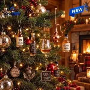 Close-up view of miniature whisky bottles and themed ornaments hanging on a Christmas tree.