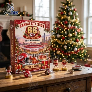 Front view of the Kansas City Chiefs 66th Anniversary Advent Calendar on a table with football figurines and Christmas tree.