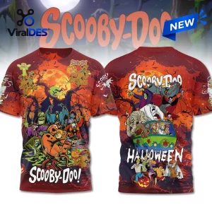 Front and back view of a red patterned Scooby-Doo Halloween 2026 shirt featuring cartoon monsters.