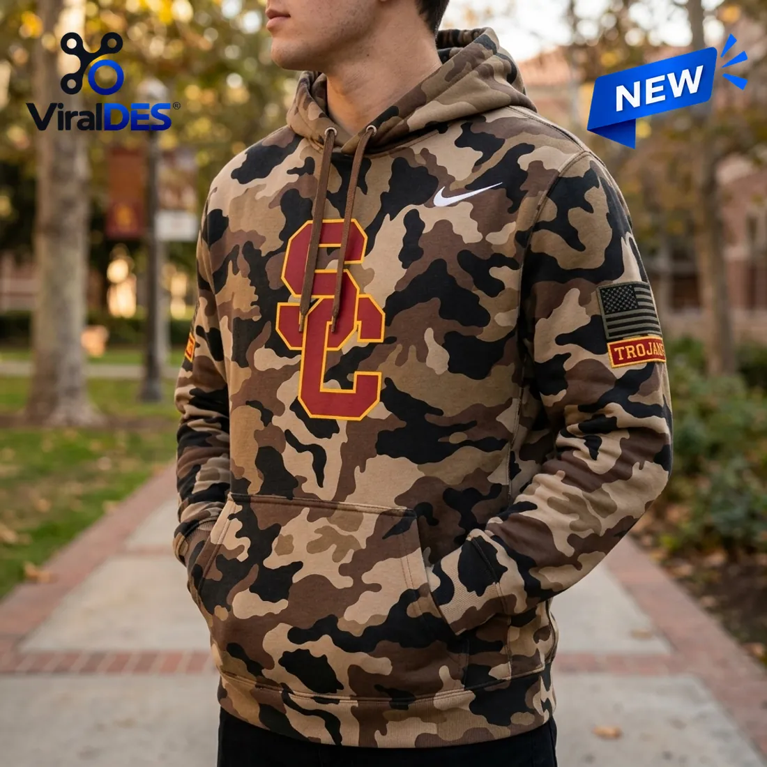 Detailed view of the USC Trojans Military Appreciation Camo Hoodie highlighting the subdued US flag sleeve patch and gold-trimmed cardinal lettering