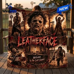 Front view of a sepia toned fleece blanket featuring horror movie imagery and a Leatherface graphic.