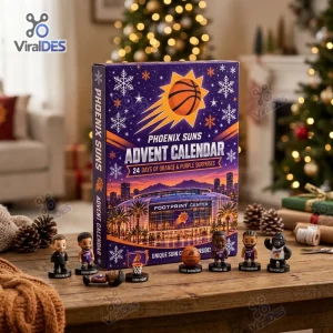 Front view of the Phoenix Suns Basketball Advent Calendar 2026 on a wooden table with miniature figures.
