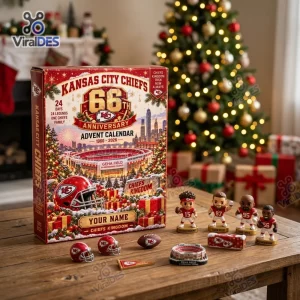 Front view of Kansas City Chiefs 66th Anniversary Advent Calendar on a wooden table with miniature figures.