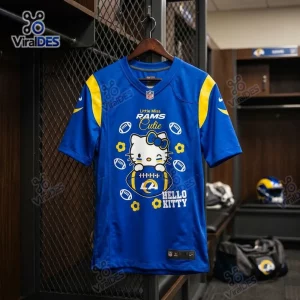 Front view of a blue football jersey featuring Hello Kitty graphic and team lettering.