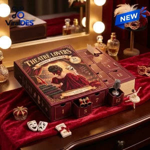 Front view of the Theatre Lovers 2026 Advent Calendar on a velvet surface with open drawers containing miniature props.