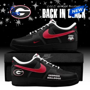 Side view of Georgia Bulldogs Black In Black Air Force 1 Sneaker with red swoosh and bulldog graphic.