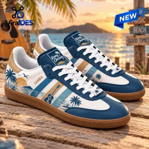 Side view of Kenny Chesney Blue Samba Sneakers featuring a beach sunset graphic and guitar motif on a wooden surface.