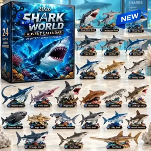 Front view of the 2026 Shark World Advent Calendar box next to twenty-four numbered shark figurines.