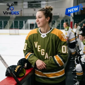 Player wearing the Las Vegas PWHL Limited Edition Hockey Jersey at an ice rink.