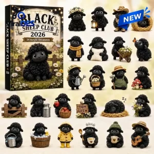 Front view of the Black Sheep Club 2026 Advent Calendar box alongside twenty-four black sheep figurines.